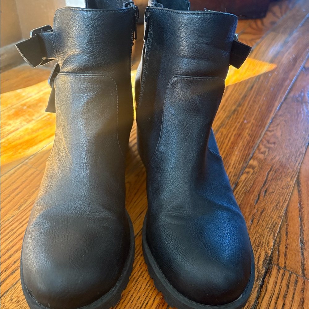 Black Leather Ankle Boots with Bow Detail